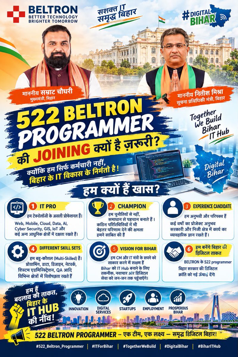 ghrit_kumar's tweet photo. “मंत्री जी, 522 युवाओं की आवाज सुनिए—हम संघर्ष नहीं, समाधान चाहते हैं; विरोध नहीं, अपनी मेहनत का परिणाम चाहते हैं।”
#Deploy522BeltronProgrammer
@mishranitish @officecmbihar @samrat4bjp @bsedc https://t.co/TWxfv2jGiH