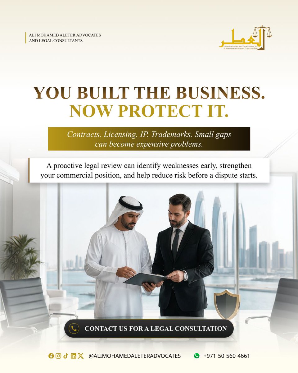 AliAleterUAE's tweet photo. Protect your business before problems become disputes. Contracts, licenses, trademarks and IP all need proper legal review to reduce risk and protect what you have built now.

Contact Ali Mohamed Aleter Advocates &amp; Legal Consultants:
📞 +971 50 560 4661
🌐 https://t.co/qahreUiZp9 https://t.co/M0ik0G34BB