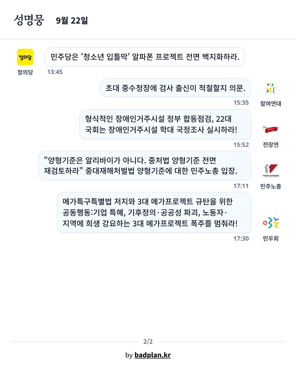 badplankr's tweet photo. 오늘의 성명뭉입니다.
텔레그램과 웹에서 실시간 성명뭉을 만나보세요!
https://t.co/fZh3A3iTXr | https://t.co/quSpoeBXfP

#참여연대 #녹색당 #정의당 #전국장애인차별철폐연대 #민주노총 #한국여성민우회 https://t.co/zKV8FWrQhP