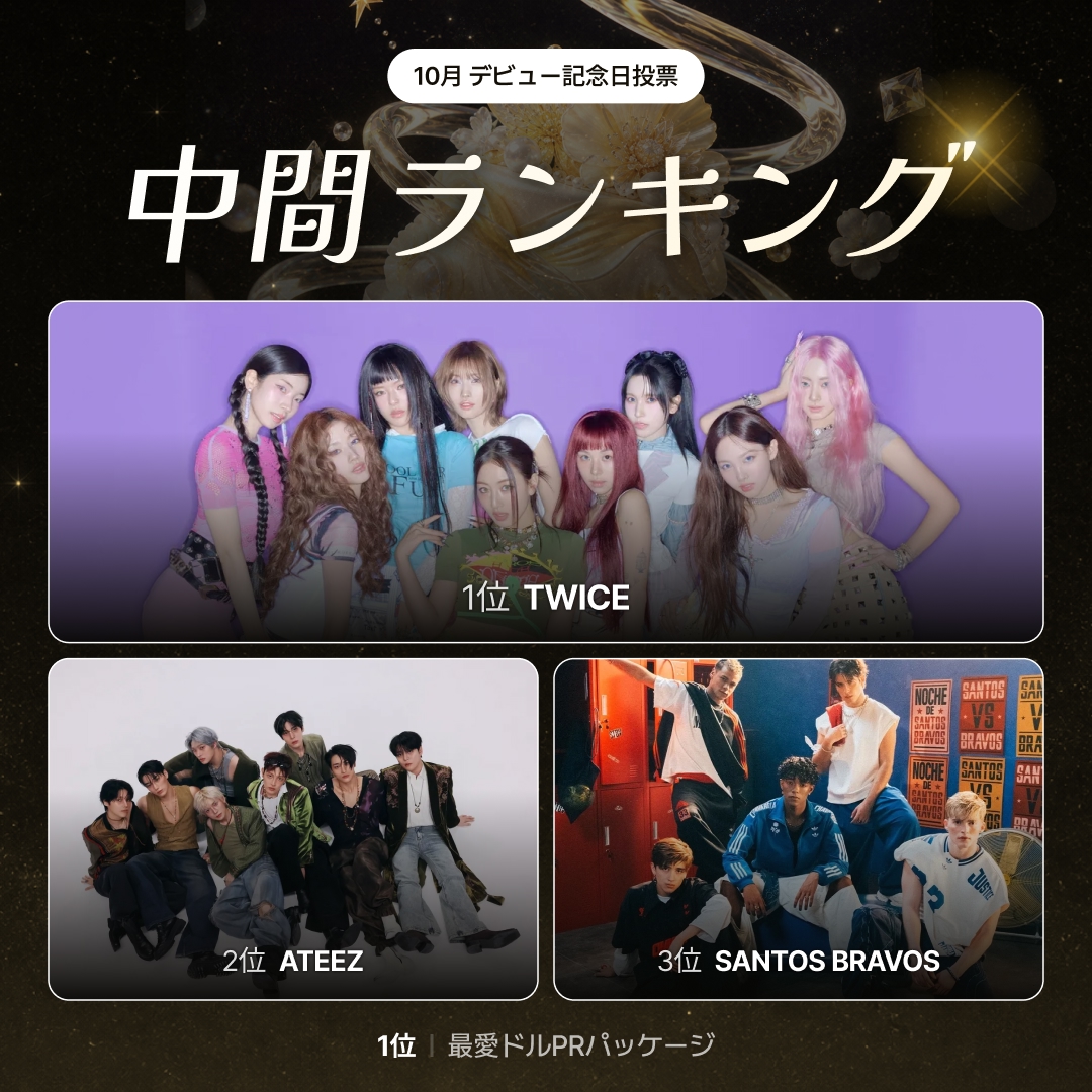 kpopidol_jp's tweet photo. 📊 🎉10月 デビュー記念日投票 📊
🗓️ 2026-09-23 時点のリアルタイム順位

🥇 1位 #TWICE 11周年🎉
🥈 2位 #ATEEZ 8周年🎉
🥉 3位 #SANTOSBRAVOS 1周年🎉

⏰ 締め切りまで D-8
💙 まだ間に合う！推しにもう一票を
▶️ https://t.co/daTVXveThC

#KPOP #アイドル #最愛ドル #推し活 https://t.co/qzwdUNPEQo