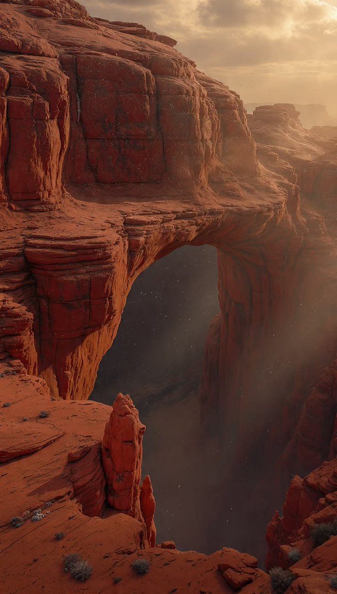DesertAndPeaks's tweet photo. Carved by wind, shaped by time. 🏜️🧡
Red canyon arch standing strong over the abyss.
Golden sunlight through desert dust.
Nature's bridge between two worlds.
Standing on the edge of eternity. https://t.co/pNCUVVCrTc