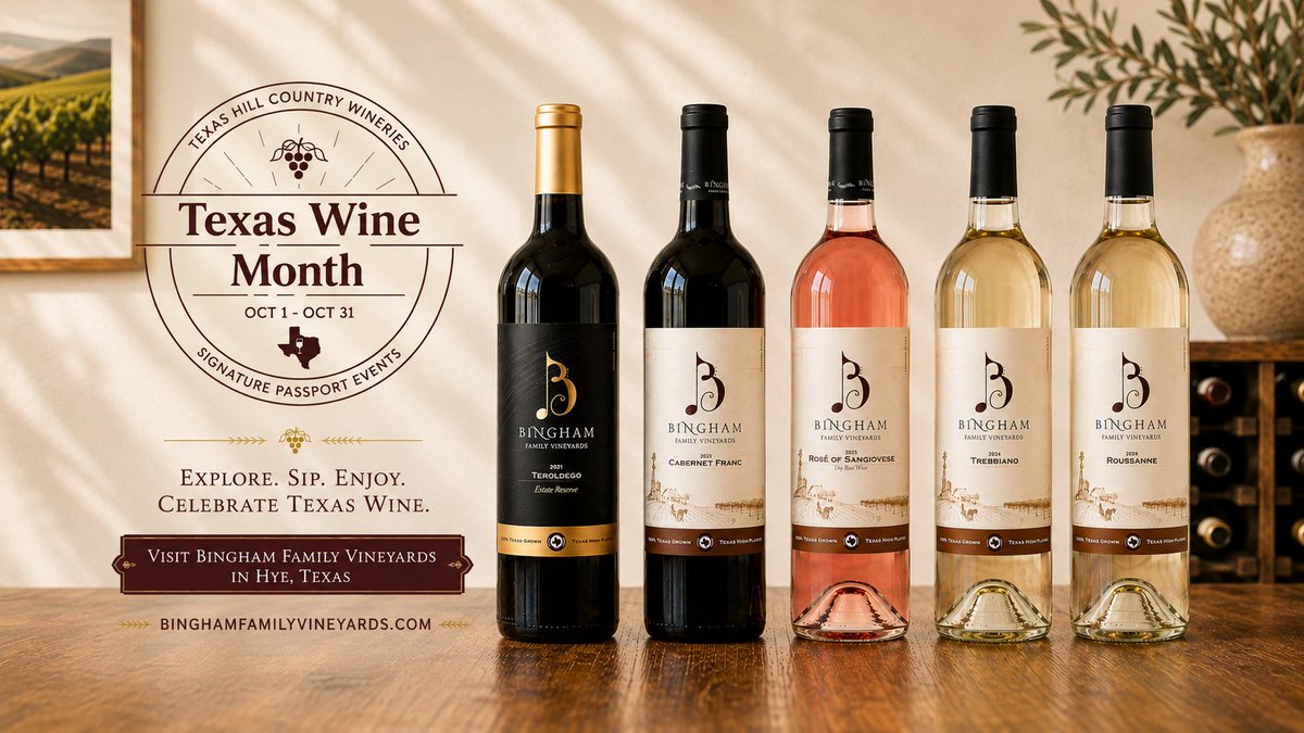 BinghamVineyard's tweet photo. Texas Wine Month is almost here. 🍷
The Texas Hill Country Wineries Passport runs Oct. 1–31, and Bingham Family Vineyards in Hye is one of the stops along the way.
Plan your October wine travels:
 https://t.co/o5Mw6TMd5t

#TXWine #TexasWineMonth #VisitHyeTX #TXwine https://t.co/EjZIiNb61E