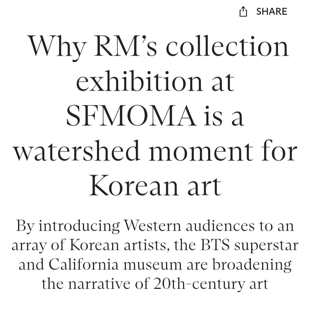 Lyna91Fr's tweet photo. "For many younger audiences, he has also helped democratise art collecting by showing that collecting can be driven by learning, curiosity and emotional connection."
That's a good article on Namjoon's collaboration and exhibition at SFMOMA.
#RMxSFMOMA

https://t.co/u0QMIjXyZk https://t.co/FrceWV3u0U