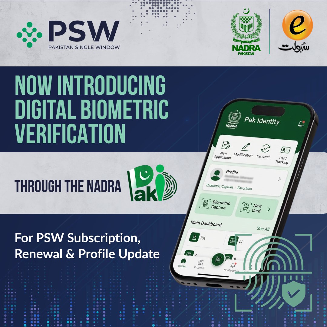 PakSingleWindow's tweet photo. PSW, in collaboration with NADRA, has introduced a #digital biometric verification option for PSW Subscriptions, Renewals, and Profile Updates. PSW users in Pakistan and eligible overseas Pakistanis can now complete their biometric verification remotely through the #PakID App, eliminating the only physical visit required in the #PSW subscription process and saving valuable time and travel costs.
During the transition period, biometric verification will remain available through both the PakID App and e-Sahulat Centres. Following the transition, PSW biometric verification services will fully move to the PakID App, subject to applicable #NADRA requirements.
This integration marks another step towards making PSW services more accessible, convenient and user-focused while supporting a seamless ease-of-doing-business experience.