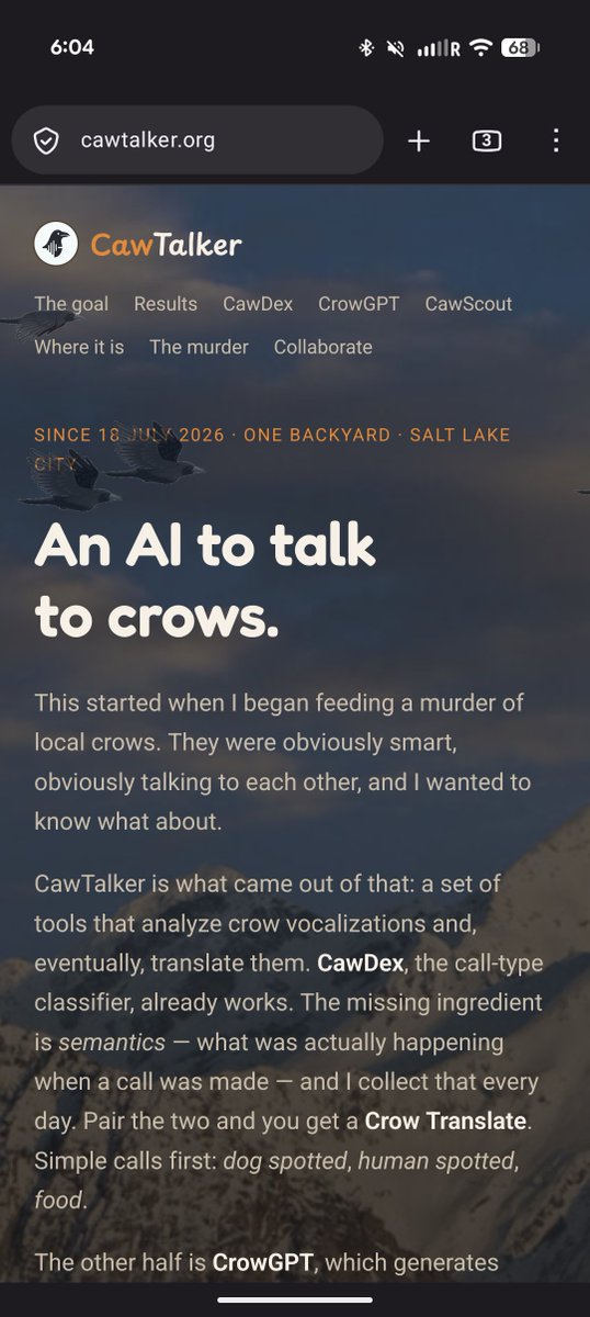 ocamldev's tweet photo. We are a few years away from solving animal communication. Checkout my early work translating American crow vocalizations at https://t.co/9rmVsfR4jf https://t.co/hWGaQuTocy