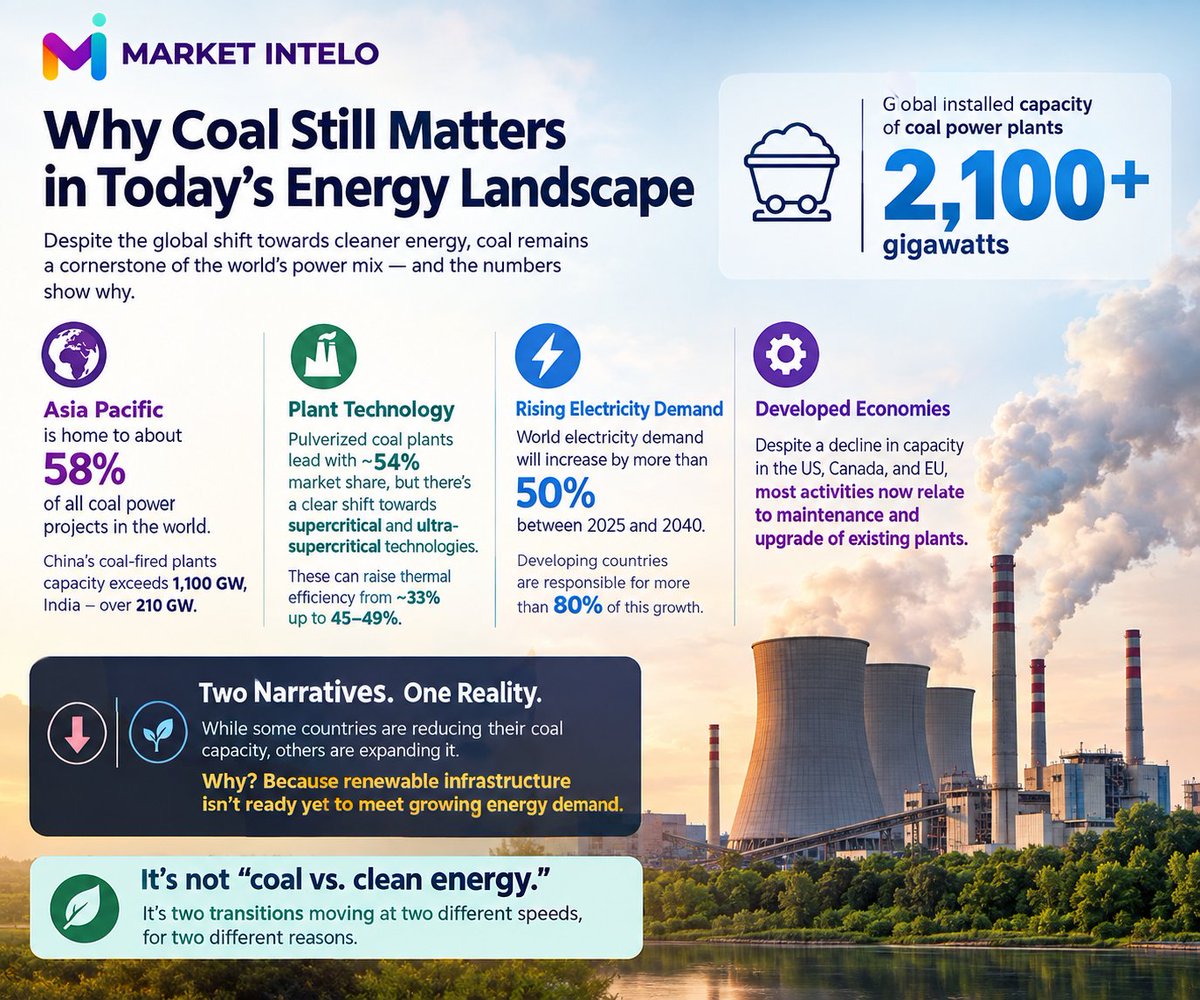 marketintelo's tweet photo. Coal still accounts for ~35% of global electricity generation, keeping it central to the power mix even as renewables expand. The transition is reshaping how the world balances reliability, affordability, and decarbonization.
Read More: https://t.co/4HAfhRJhC5

#CoalPower #Energy https://t.co/vBo4HVpiDL