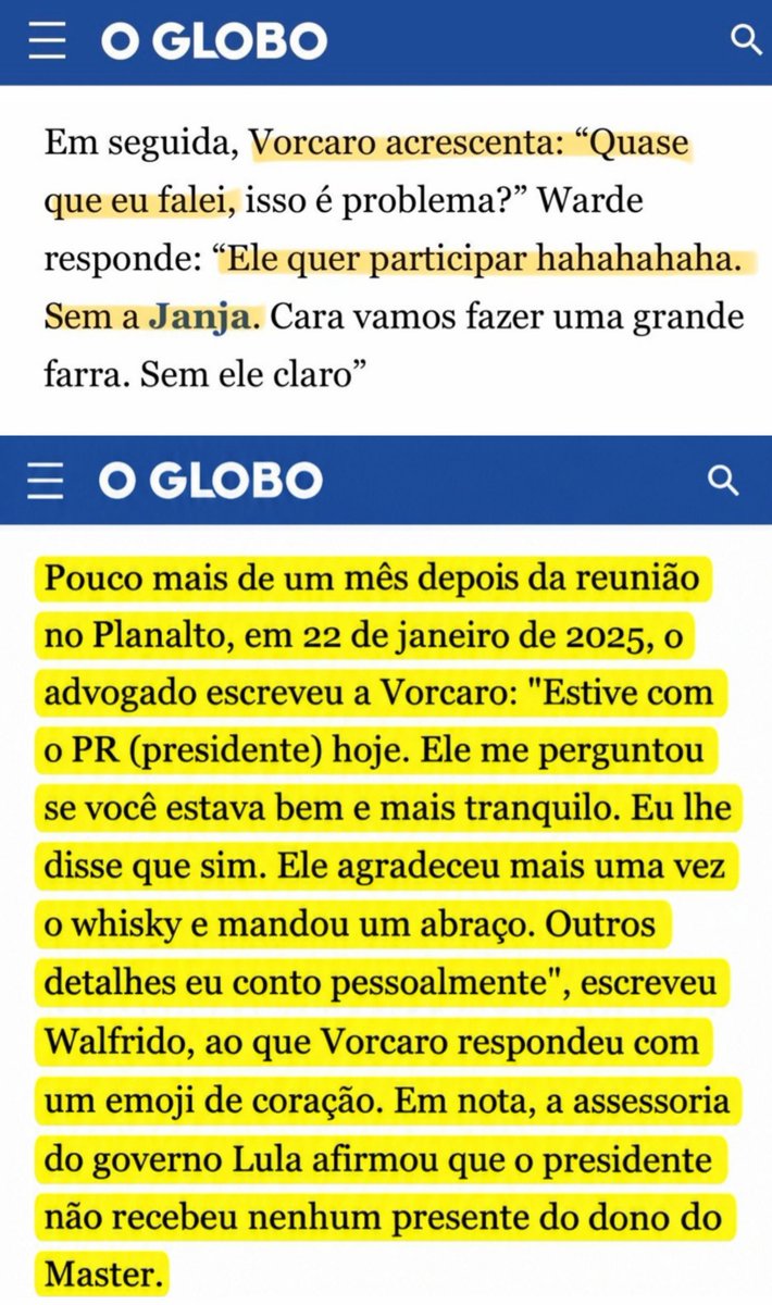 revistalavie's tweet photo. 🚨 BOMBA! ADVOGADO DIZ EM MENSAGEM QUE LULA AGRADECEU POR UÍSQUE RECEBIDO DE VORCARO

▪️Novas mensagens extraídas do celular de Daniel Vorcaro e divulgadas por Malu Gaspar, em O Globo, mostram o advogado Walfrido Warde dizendo que Lula "agradeceu mais uma vez o uísque" e mandou um abraço ao banqueiro.

▪️Em uma conversa sobre a reunião de Vorcaro com Lula no Planalto, em julho de 2023, o banqueiro disse que o presidente mencionou suas festas. Warde ironizou: “Ele quer participar hahahahaha. Sem a Janja”.

▪️Em áudio, o advogado diz a Vorcaro que Marcola, então chefe de gabinete de Lula, cobrou dele o envio de um e-mail com as pautas a serem discutidas para poder agendar a reunião entre o banqueiro e o presidente.

▪️O advogado Walfrido Warde, que atuou na defesa de Vorcaro até janeiro deste ano, faz parte do grupo Prerrogativas e é parceiro do jornalista Reinaldo Azevedo no Reconversa.

▪️O governo, por meio da Secom, divulgou uma nota para rechaçar o conteúdo das mensagens.👇