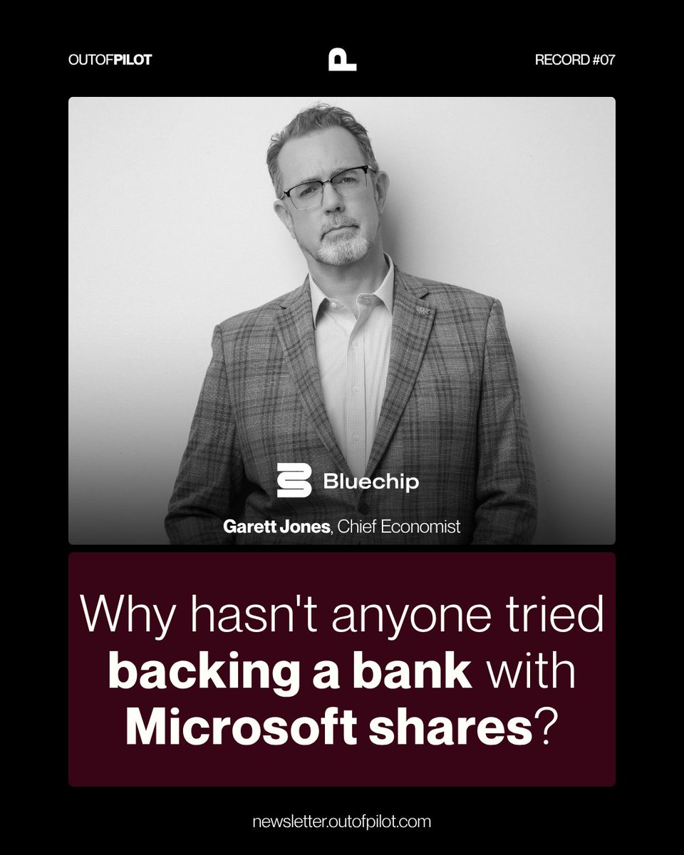 outofpilot's tweet photo. One-Off Record: @GarettJones, Chief Economist at @bluechip_org shares his view on dollar-backed stablecoin dominance and why banks might be losing their grip on lending as savings move into Treasury-backed stablecoins.

Inside:

→ Why every dollar stablecoin issued is a silent buyer of US Treasuries, at the exact moment demand for them has been softening

→ Why nobody has ever backed a bank with Microsoft shares, even though the stock pays dividends and gold doesn't

→ Why the traditional bank model (take deposits, fund mortgages) starts breaking once savings sit in Treasury-backed stablecoins instead of checking accounts, and who actually ends up funding mortgages when that happens

→ Why banks across the Philippines, Indonesia, and Malaysia might be better positioned for reserve-currency credibility than countries with better inflation numbers, because of one hard lesson from 1997

Now on Out of Pilot. 
Read at https://t.co/XpTjmqZDJj