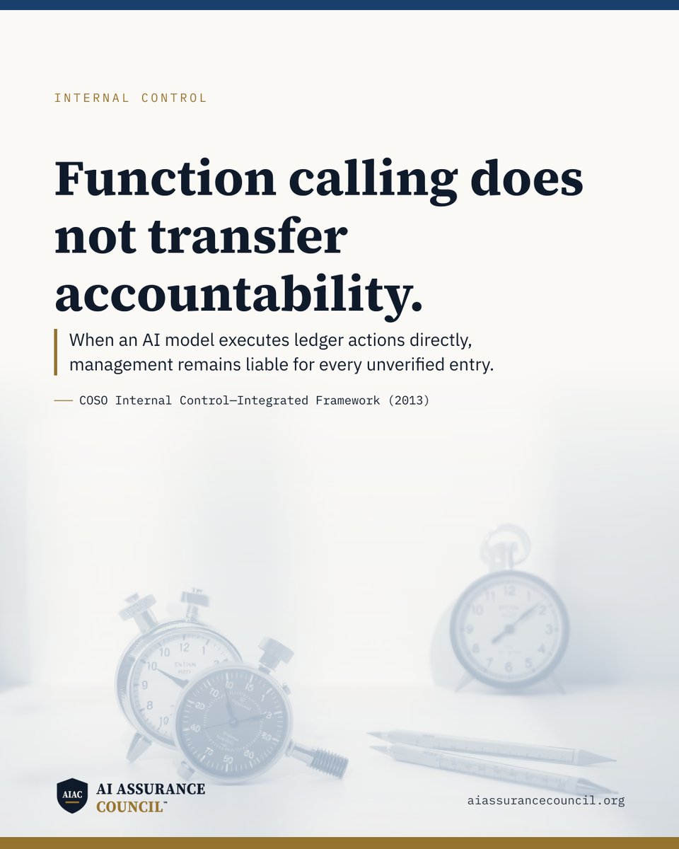 TheAIACouncil's tweet photo. AI models now execute direct actions across enterprise ledgers, but automated execution does not transfer accountability.

Through function calling, models extract balances, match invoices, and run reconciliations. When an agent acts directly on records, an unchecked step becomes an operational risk. Under COSO (2013), management retains full responsibility for the resulting figures.

Finance teams must move from manual processing to control validation: establishing verification checkpoints, reconciling intermediate outputs, and escalating anomalies.

Certified AI in Finance & Accounting — Fundamentals (AIAC-FNAF) examines verifying your own AI-assisted work. Professional (AIAC-FNAP) examines setting control terms for an entire department. Both certify using AI in finance and accounting work, not auditing AI systems.

Sources:
COSO Internal Control—Integrated Framework (2013)

Read the syllabus, take the free AI Literacy assessment, or verify any credential on the public register at https://t.co/1jY6mohiy1.

#AIinFinance