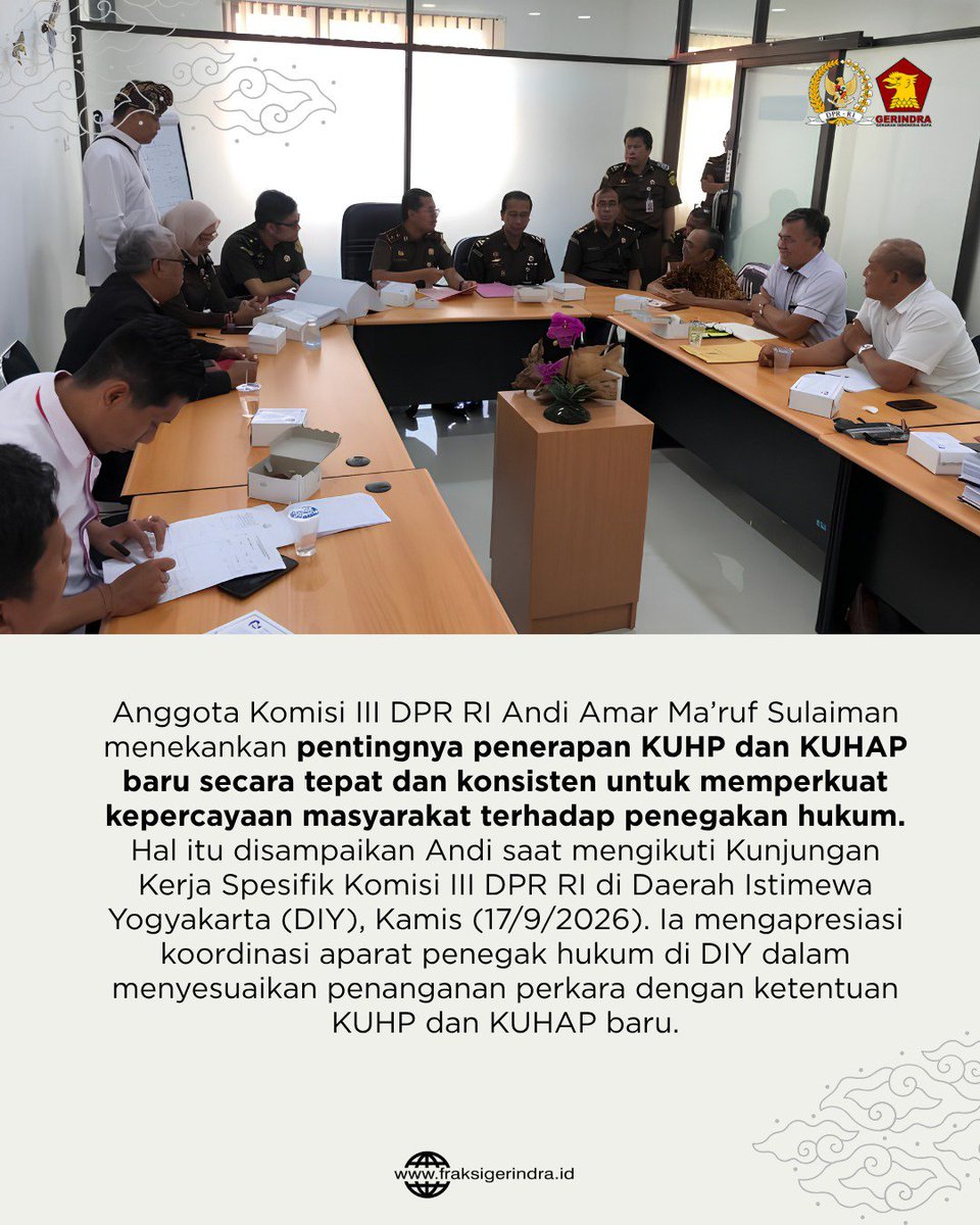 Fraksi_Gerindra's tweet photo. Anggota Komisi III DPR RI Andi Amar Ma’ruf Sulaiman menekankan pentingnya konsistensi aparat penegak hukum dalam menerapkan Kitab Undang-Undang Hukum Pidana (KUHP) dan Kitab Undang-Undang Hukum Acara Pidana (KUHAP) yang baru. https://t.co/NepkHqeXoy