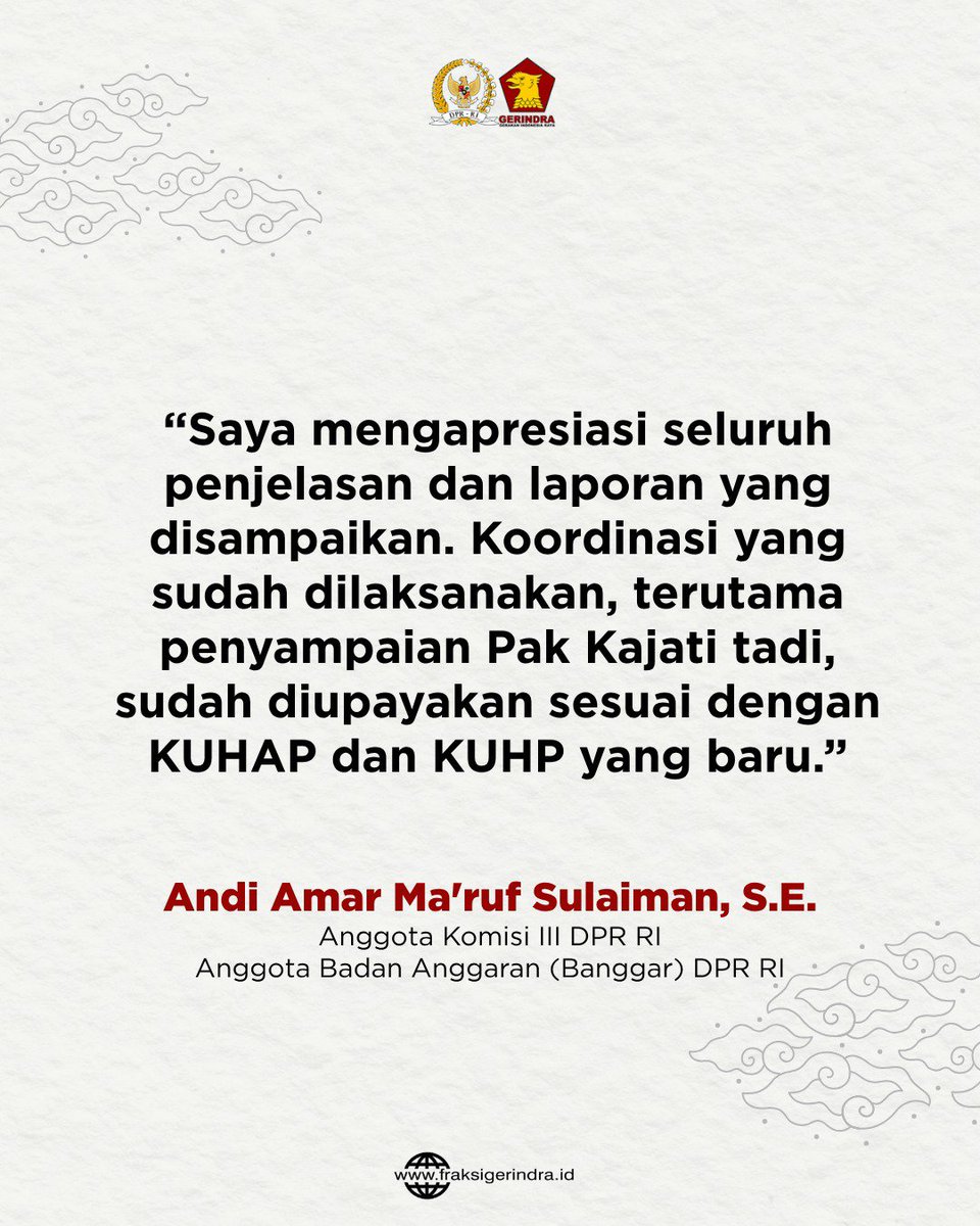 Fraksi_Gerindra's tweet photo. Anggota Komisi III DPR RI Andi Amar Ma’ruf Sulaiman menekankan pentingnya konsistensi aparat penegak hukum dalam menerapkan Kitab Undang-Undang Hukum Pidana (KUHP) dan Kitab Undang-Undang Hukum Acara Pidana (KUHAP) yang baru. https://t.co/NepkHqeXoy