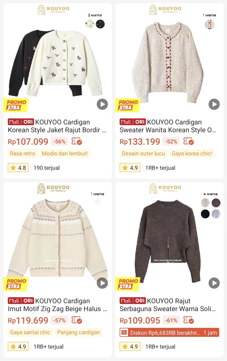 sonnenuna's tweet photo. NEMU TOKO ISINYA CARDIGAN GEMAS SEMUA💖

Simpel, manis, dan gampang dipaduin sama outfil apa aja. Harganya masih affordable✨ https://t.co/CXLCbUkAQj