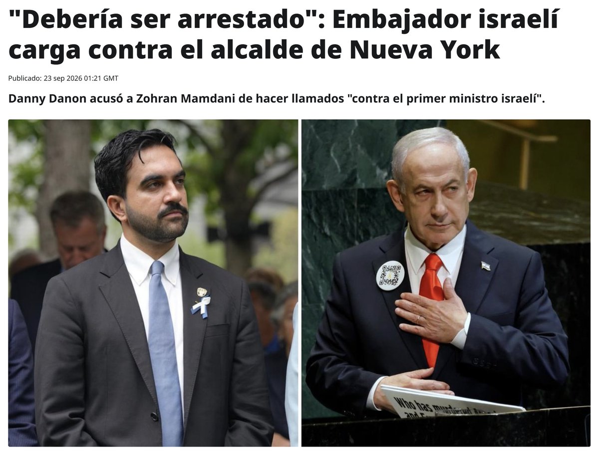ActualidadRT's tweet photo. 🇮🇱 El embajador de Israel ante la ONU, Danny Danon, salió en defensa de Benjamín Netanyahu e instó al arresto del alcalde de Nueva York, Zohran Mamdani, a quien calificó de "irresponsable".

El lunes, Mamdani volvió a tildar al primer ministro israelí de "criminal de guerra". https://t.co/DsnzA7SeKN