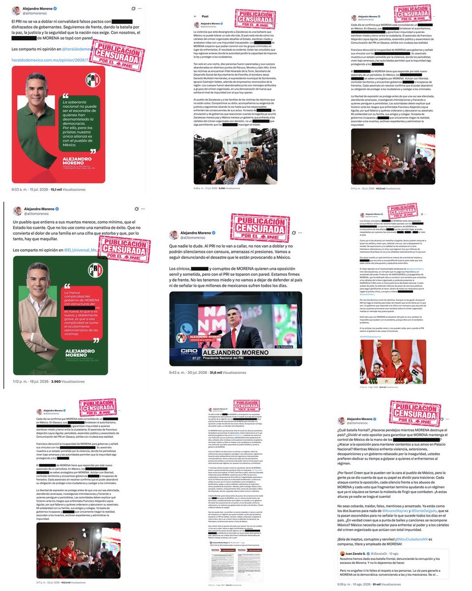 LauraBruges's tweet photo. Estas son las publicaciones que @alitomorenoc tuvo que retirar por orden de la Comisión de Quejas y Denuncias del @INEMexico , tras aprobar dos solicitudes de medidas cautelares presentadas por Morena.
por las expresiones:

 “narcopartido”, “narcogobierno”, “narcodictadura” y “morenarcos”.

Al dirigente nacional del PRI le dieron seis horas para retirarlos, contadas a partir de las 9:00 horas del día hábil siguiente a la notificación 👇🏽