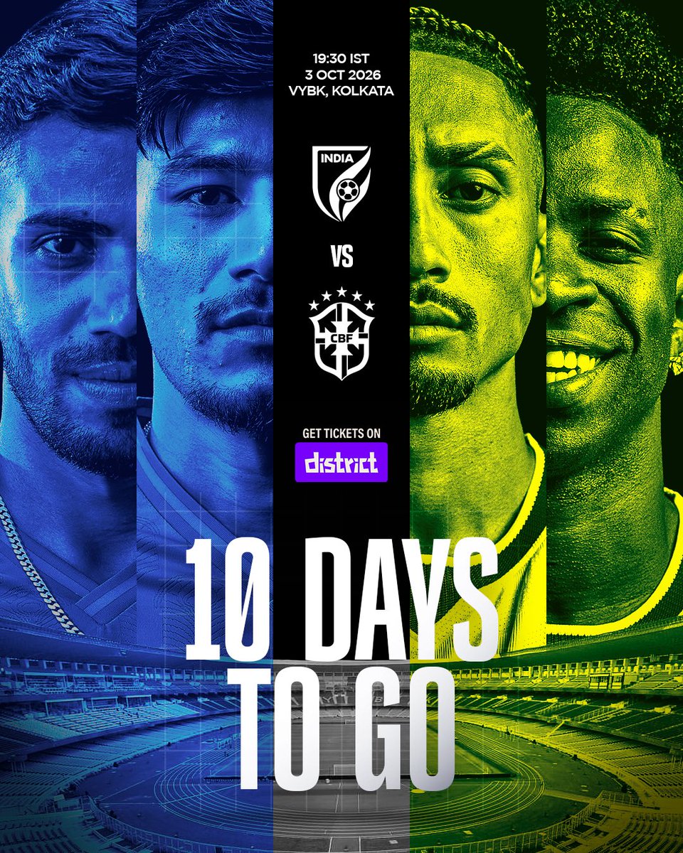 IndianFootball's tweet photo. Just 10 days to 🇮🇳🆚🇧🇷 at VYBK. 🔥

Get tickets on https://t.co/EWNP1YWpEK  🎟️ 

#INDBRA #BlueTigers #IndianFootball https://t.co/BLKo3PSuML