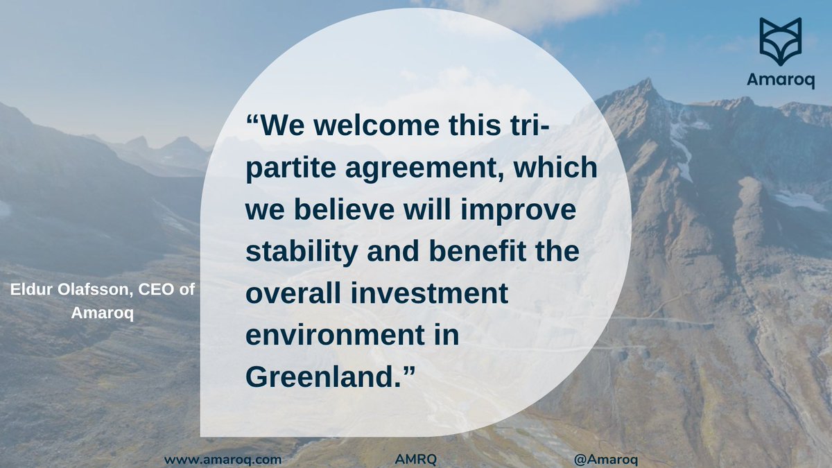 weareamaroq's tweet photo. Security Agreement between the U.S., Denmark and Greenland 
 
Amaroq is pleased to note the formal signing of the security agreement announced last week between the United States, Denmark and Greenland.  
 
Eldur Olafsson, CEO, commented: 
 
“We welcome this tri-partite agreement, which we believe will improve stability and benefit the overall investment environment in Greenland. Greenland holds significant resource potential to supply the West with critical minerals essential for innovation and security, and with the largest acreage position in Greenland we remain focused on advancing our portfolio of exciting development projects, supported by the operating Nalunaq gold mine.”

#AMRQ