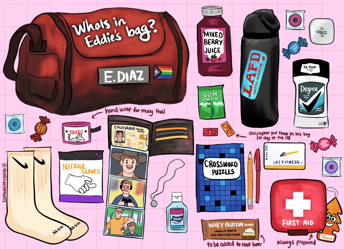 strawberrybard's tweet photo. what’s in eddie’s bag? i’m so glad you asked #911onabc https://t.co/FGfoDdGK7F