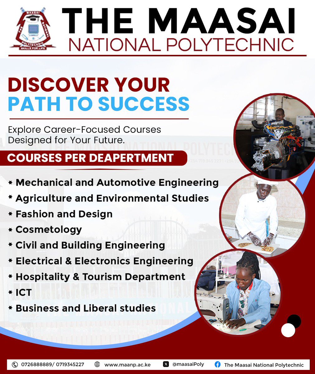 KajiadoPoly's tweet photo. 🎓 What does your path to success look like?
Ready to discover the skills, knowledge, and opportunities that can shape your future? Explore our courses and take your next step at The Maasai National Polytechnic. https://t.co/nAR32kZC6I
