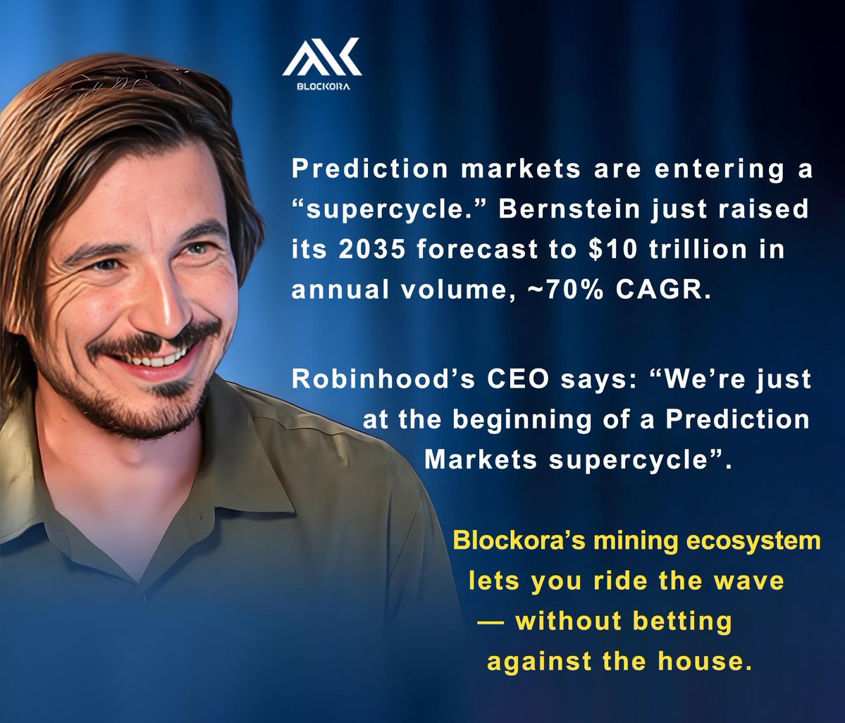 blockoraoffical's tweet photo. 🚀 Prediction markets are entering a “supercycle.” Bernstein just raised its 2035 forecast to $10 trillion in annual volume, ~70% CAGR. Robinhood’s CEO says: “We’re just at the beginning of a Prediction Markets supercycle”. 🔥
#Blockora #BLK #SuperCycle https://t.co/zEEwkCgeL8