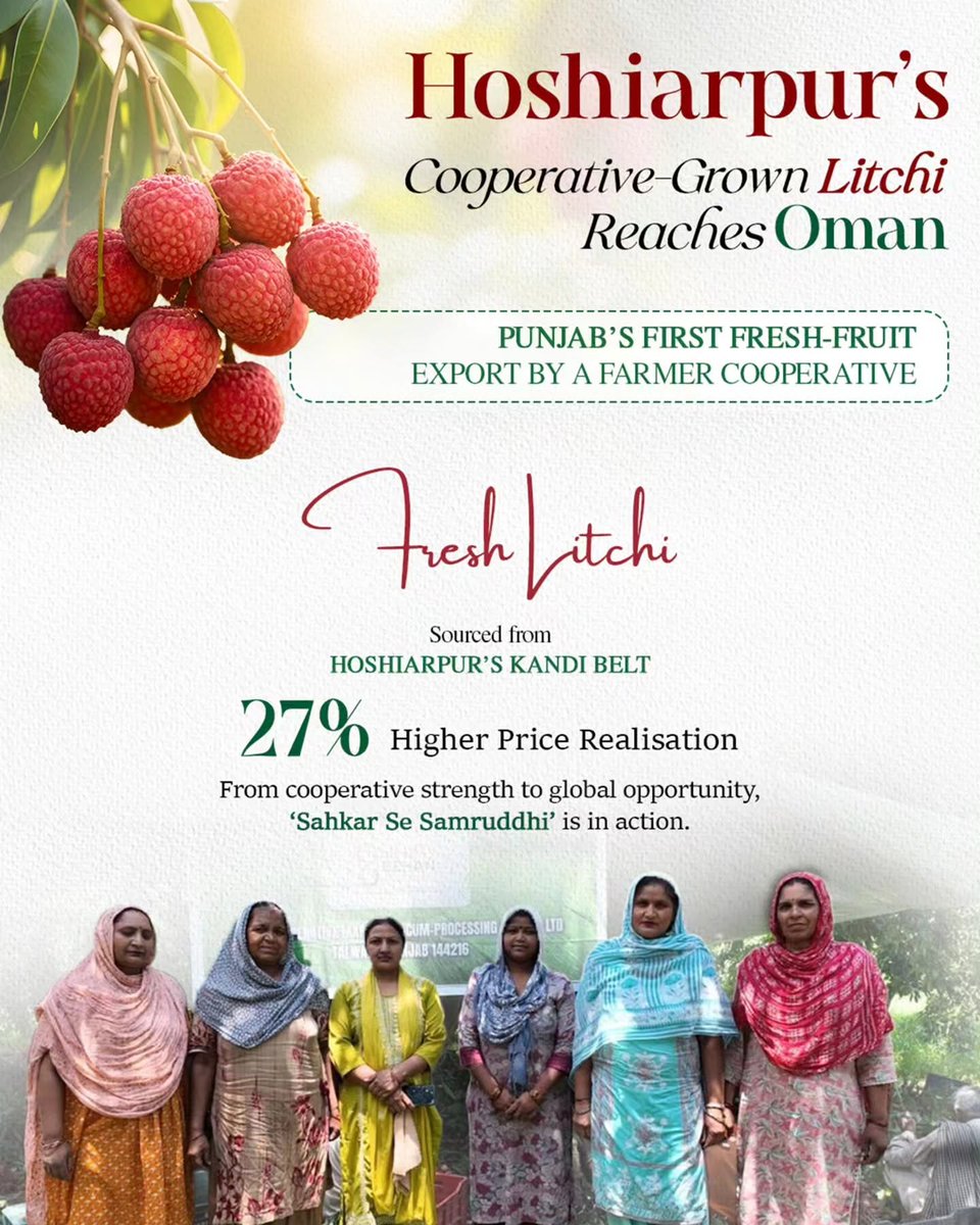 KChurachandpur's tweet photo. Punjab’s first fresh-fruit export by a farmer cooperative takes litchi global, delivering 27% higher price realisation.
Department of Commerce, GOI
Press Information Bureau India
#DOC_GOI #APEDA #FarmToGlobal #APEDA #Punjab https://t.co/YWTZqJg5aF