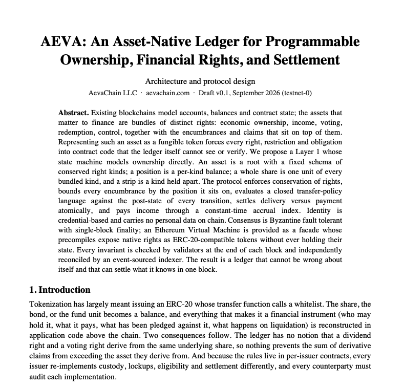 AevaChain's tweet photo. Ownership is the primitive.

Our architecture paper introduces Aeva: an asset-native Layer 1 designed to make ownership, financial rights, and atomic settlement part of the protocol itself.

Explore the design:
https://t.co/zRepiXh0yw https://t.co/BqnlZQlyjI
