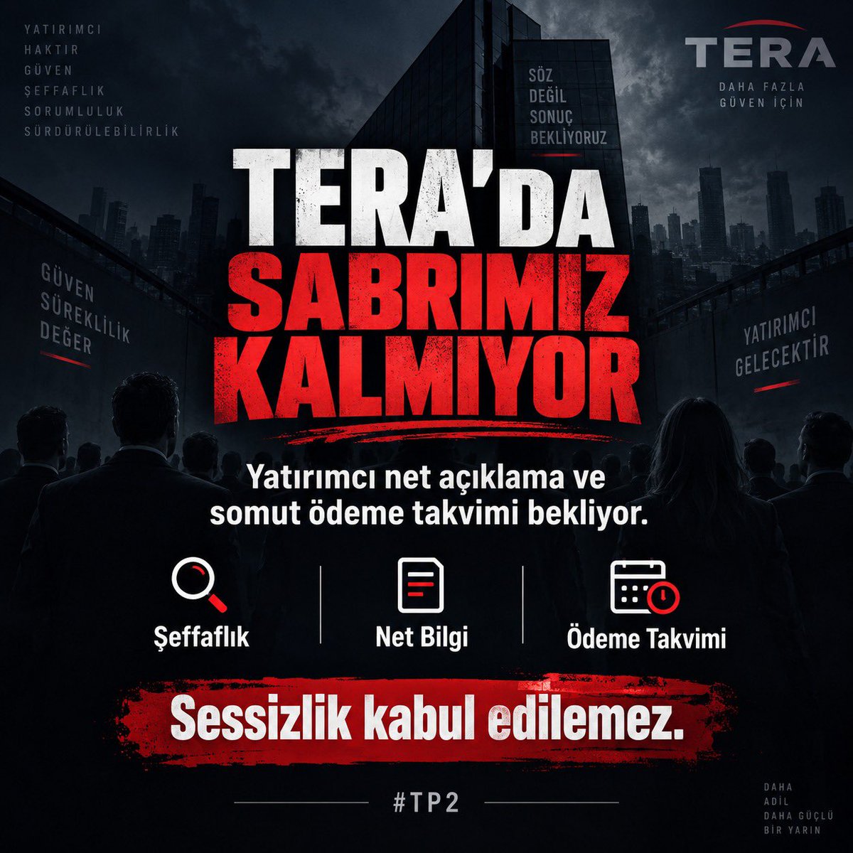 teramagdurlari's tweet photo. Paramız Nerede?

SPK bu işten sıyrılamaz.
 1/7 risk seviyesinde sunulan bir fonda, eğer gerçekte 7/7 riskli işlemler yapıldıysa bu sadece fon yönetiminin değil, denetim mekanizmasının da çöküşüdür.

İnsanlar “düşük risk” diyerek parasını koydu, karşılığında belirsizlik ve mağduriyet aldı.
 Risk etiketini kim verdi, bu işlemler nasıl gözden kaçtı, yatırımcı neden korunmadı?
Bu soruların cevabı verilmeden kimse sorumluluktan kaçamaz.
 Tera’da yaşanan mağduriyetin siyasi, idari ve hukuki hesabı sorulmalıdır.
#TeraFonMağdurları #fonmağdurları