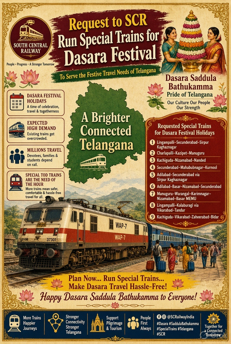 mncl_tweets's tweet photo. Request to @SCRailwayIndia 
Run special trains for Dasara festival.
@RailMinIndia @gmscrailway @drmsecunderabad @drmhyb @drmned @kishanreddybjp @bandisanjay_bjp @Arvindharmapuri @Eatala_Rajender @nageshgodam @Aruna_DK @vkgaddam @raghu_verabelli @KadiyamKavya https://t.co/E9yi03tHBI