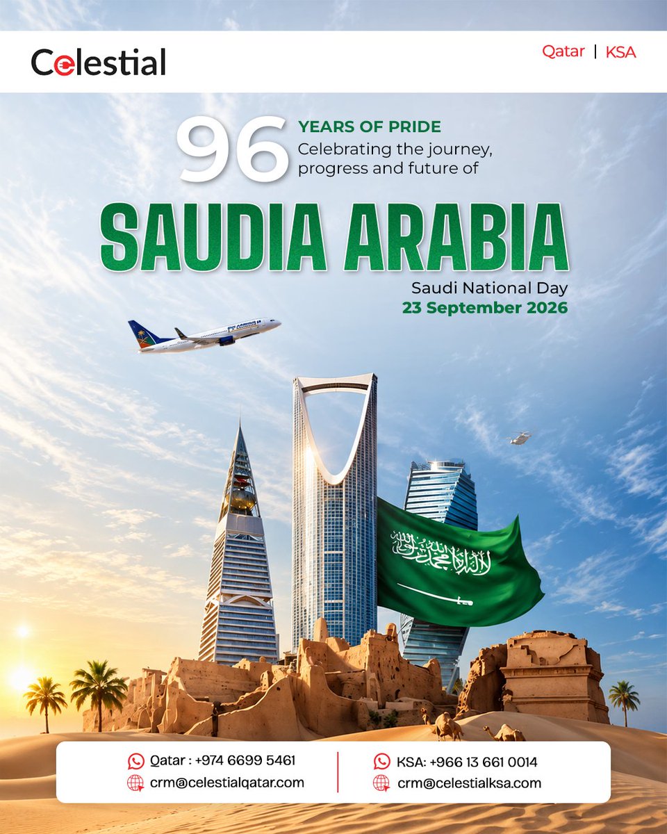 Celestial_trd's tweet photo. 96 years of a nation shaped by unity, ambition and progress. 

Wishing our customers, partners and communities across the Kingdom a proud and memorable Saudi National Day. 

𝐇𝐚𝐩𝐩𝐲 𝟗𝟔𝐭𝐡 𝐒𝐚𝐮𝐝𝐢 𝐍𝐚𝐭𝐢𝐨𝐧𝐚𝐥 𝐃𝐚𝐲! 🇸🇦 

#SaudiNationalDay #SaudiArabia #KSA https://t.co/n61KSzPEdG