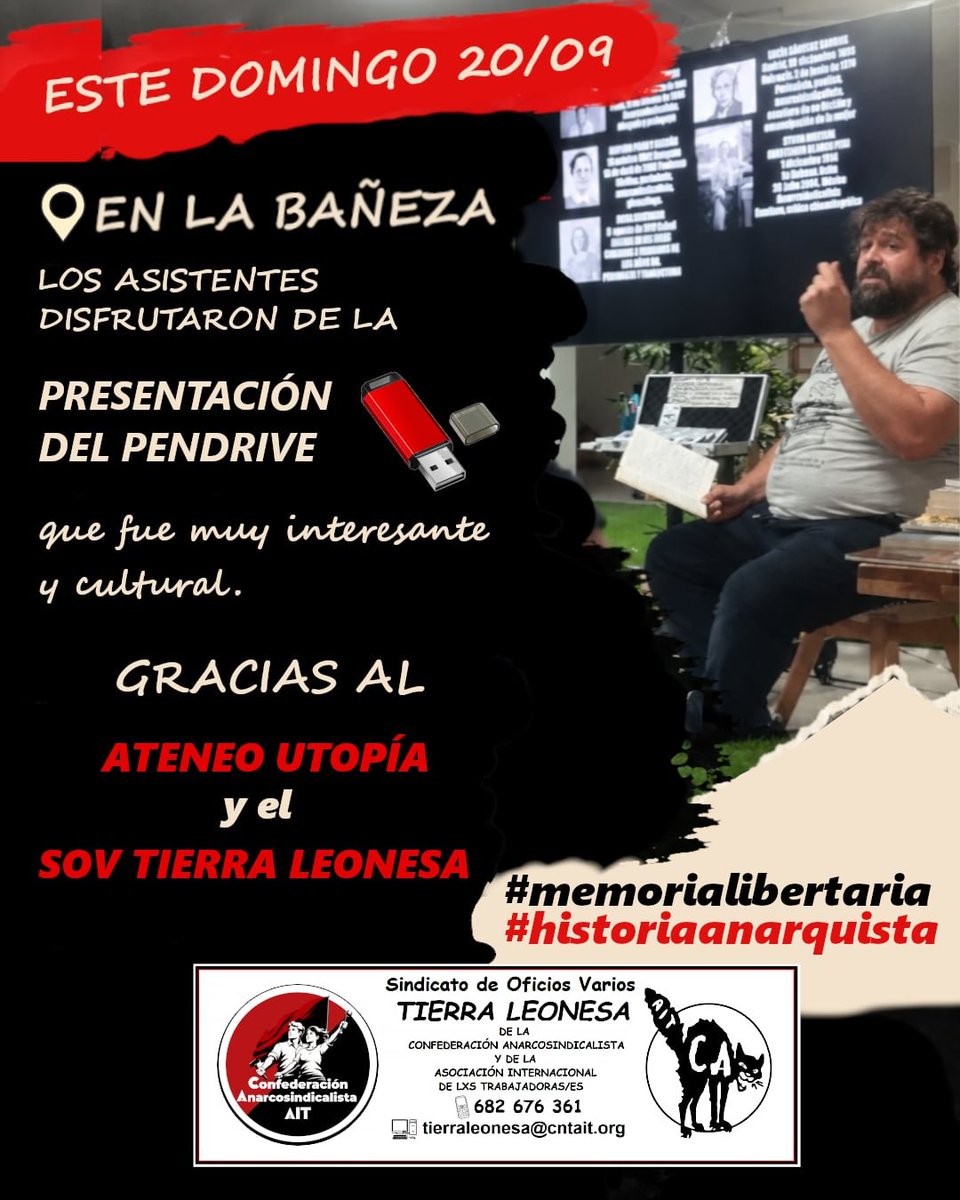 alcomar85's tweet photo. 🟥⬛️ Este domingo 20 de septiembre.
La Bañeza acogió una jornada de memoria y cultura libertaria.

✊📚Gracias al Ateneo Utopía y el SOV Tierra Leonesa de la CA-AIT por hacer posible la presentación del pendrive.
📸SL

#caait #tierraleonesa
 #memorialibertaria #historiaanarquista https://t.co/Pq9BgGkHQP