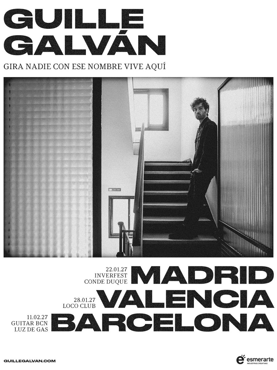 prmsinfronteras's tweet photo. @galvanguiller presentará en directo su álbum debut, "Nadie con ese nombre vive aquí", en #Madrid, #Valencia y #Barcelona.
Su primera gira en solitario.

🎟️ Entradas ya disponibles: https://t.co/fwZjJqC00s https://t.co/AsjsF5jAaq