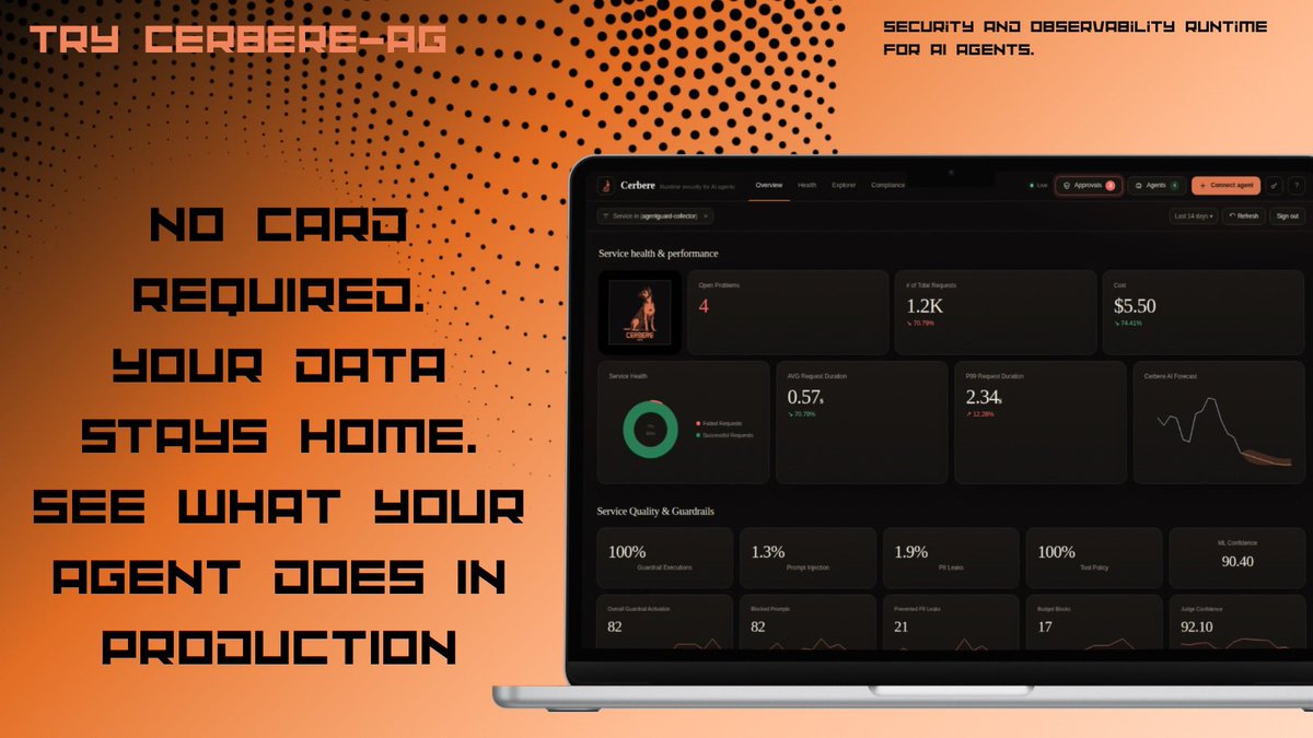 dikesa_dev's tweet photo. Your AI agent is in production. What happens after you give it access?

Files. Tools. APIs. Data. Tokens. Actions.

Cerbere-AG gives you a runtime layer to observe, detect, enforce and audit what your agents do in production.

No card required. Your data stays home.

Try it → https://t.co/H9PpnkO1tE
pip install cerbereag