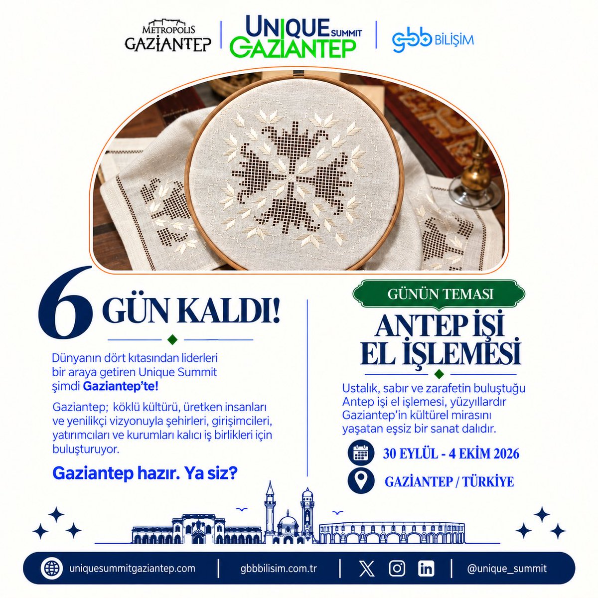 UniqueSummit's tweet photo. The countdown continues. Only 6 days left until we meet. Gaziantep is ready — are you?

————————————

Geri sayım devam ediyor. Buluşmamıza yalnızca 6 gün kaldı. Gaziantep hazır — ya siz? https://t.co/UVhr7I0uOC
