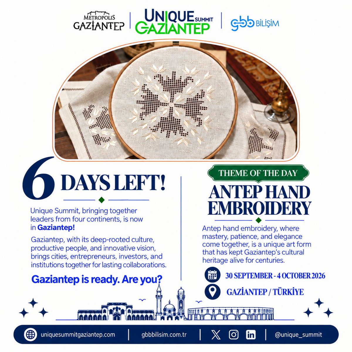UniqueSummit's tweet photo. The countdown continues. Only 6 days left until we meet. Gaziantep is ready — are you?

————————————

Geri sayım devam ediyor. Buluşmamıza yalnızca 6 gün kaldı. Gaziantep hazır — ya siz? https://t.co/UVhr7I0uOC