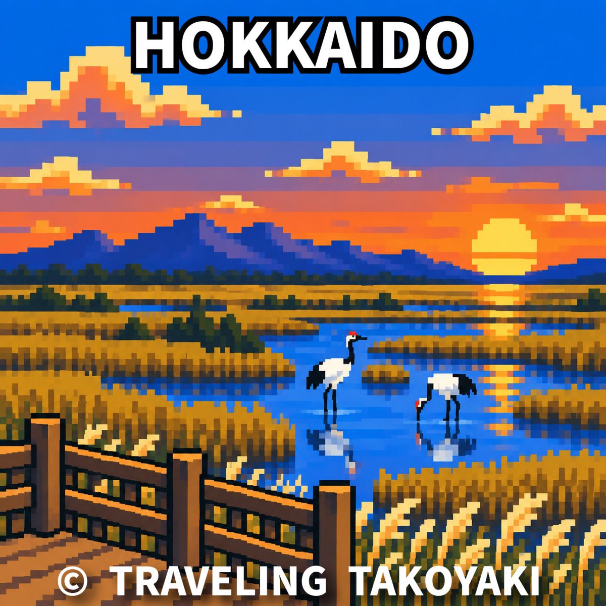 JAPAN47PIXEL's tweet photo. HOKKAIDO — where the journey begins. 🇯🇵🐙

Wide skies.
Golden wetlands.
Red-crowned cranes.

Our little takoyaki is about to begin a journey across all 47 prefectures of Japan — one place, one story, one pixel-art collection at a time.

The first destination is Hokkaido.

And somewhere in this landscape��
a very strange takoyaki is waiting to be discovered. 👀

TRAVELING TAKOYAKI
47 prefectures. One takoyaki.
The journey starts here.

#TravelingTakoyaki #PixelArt #Hokkaido #Japan #NFTArt