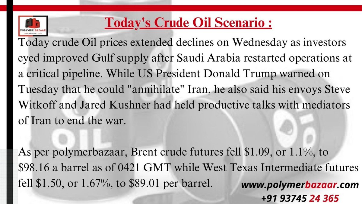 POLYMERBAZAAR's tweet photo. 🅿️🅱️
▶️ Crude Oil Scenario:
PP #ABS #LLDPE #LDPE #HDPE #PVC #EVA #PET #PS #SAN #POLYVINYL #POLYETHYLENE #POLYPROPYLENE #POLYMER #PROPYLENE #POLYSTYRENE #indplas #Polyamide #PLEXPO #GPCA #ARABPLAST #RUPLASTICA #PLASTEURASIA #KOPLAS #PLASTO #PLASTASIA #PLASTEX #Polycarbonate #Polyester , #Centralasiaplastworld #taipeipack
#plastindia #bopp #bopet #polyester
https://t.co/2V9rOg8NsI