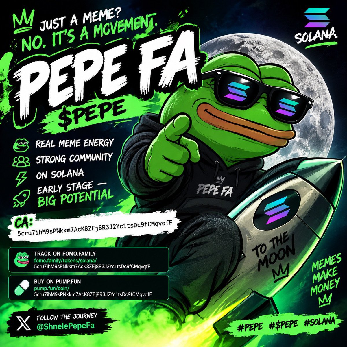 Hoodcrypto1_'s tweet photo. 🚨 PEPE JUST LANDED ON SOLANA 🚨

Meet $PEPE FA — meme energy, one mission:

🌕 TO THE MOON.

CA: 5cru7ihM9sPNkkm7AcK8ZEj8R3J2Yc1tsDc9fCMqvqfF

🟢 FOMO: https://t.co/0J12vM3yOq
💊 BUY: https://t.co/ReKRUODjzl
🐸 @ShnelePepeFa
🔥 LET’S MAKE MEME NOISE!!!!🚀
#PEPE #PEPEFA #SOLANA https://t.co/gRDCYNENKU