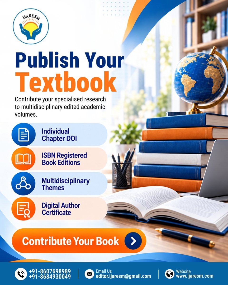 IJARESMJournal's tweet photo. 📚 Publish Your Textbook with IJARESM!

Contribute your research to multidisciplinary academic volumes.

📖 Chapter DOI | ISBN Registered Editions | Digital Author Certificate

🌐 https://t.co/TAYaLmz17z

#IJARESM #BookPublication #AcademicResearch #ISBN #ResearchPublication https://t.co/JO5QCFHXGx