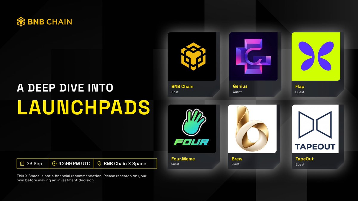 BNBCHAIN's tweet photo. A deep dive into launchpads.

Join us in an X Space with @GeniusTerminal, @fourdotmemezh, @flapdotsh, Brew and TapeOut.

Live on Sep 23, 12:00 PM UTC

Set a reminder 👇
https://t.co/v2sQX1KBVr https://t.co/E3AXhRQGJ5