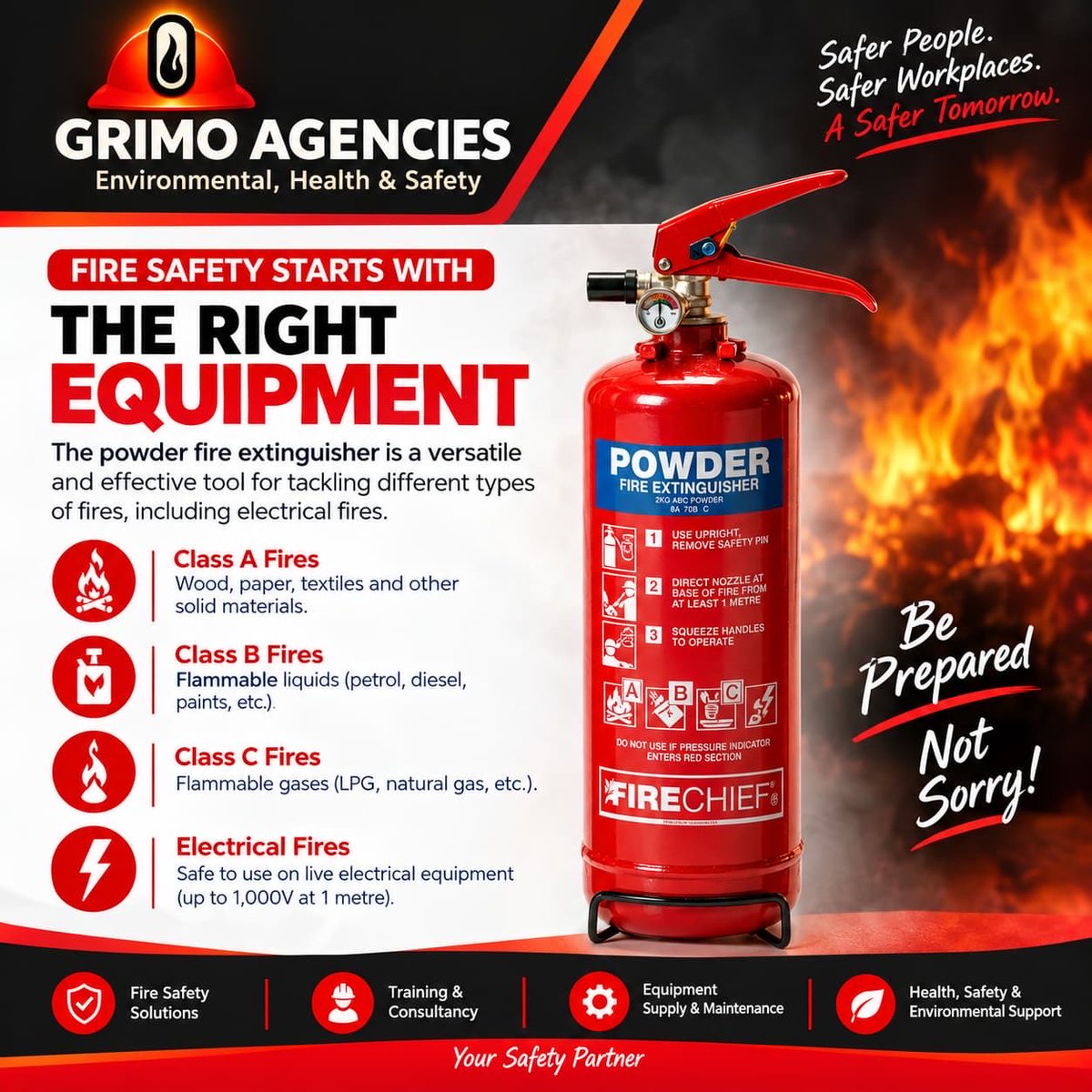 GrimoAgencies's tweet photo. FIRE SAFETY STARTS WITH THE RIGHT EQUIPMENT!
ABC Dry Powder extinguishers can be used for:
Class A - Wood, paper, textiles and other ordinary combustibles Class B - Flammable liquids such as petrol, diesel and paints Class C - Flammable gases such as LPG and natural gas https://t.co/R4Zn5r5dKZ