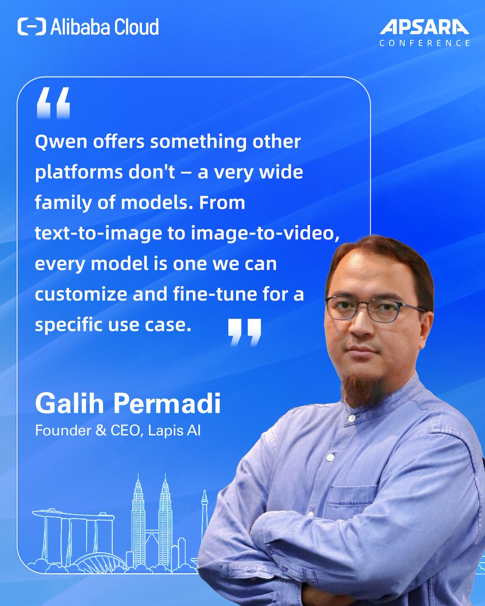 alibaba_cloud's tweet photo. Different AI models serve different use cases.

At Apsara Conference 2026, Galih Permadi, Founder &amp; CEO of Lapis AI, shared how Qwen supports applications from text-to-image to image-to-video. Customization and fine-tuning help customers choose models for their needs.