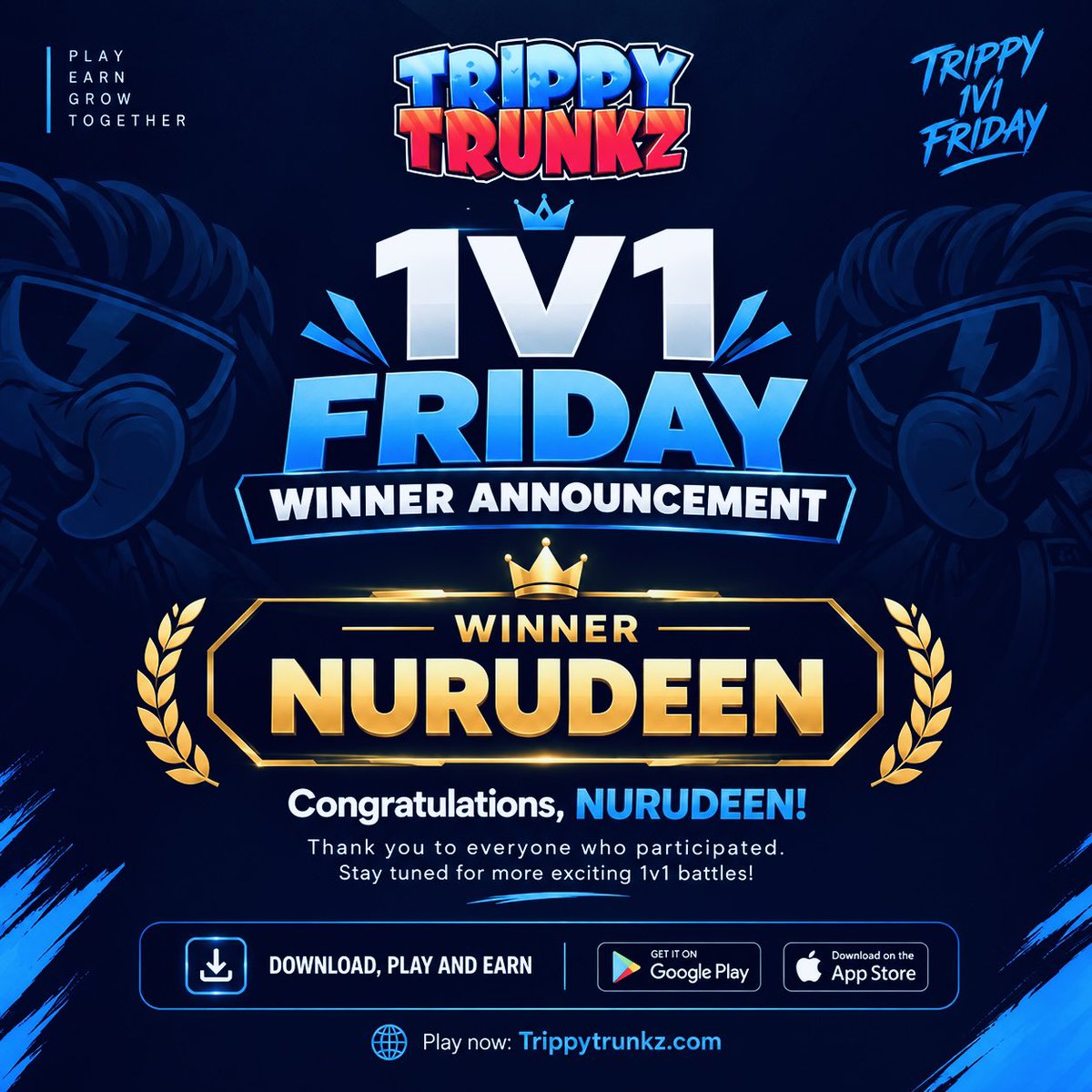 TrippyTrunkz's tweet photo. TRIPPY 1V1 FRIDAY — WEEK 1 WINNER! 

Week 1 is officially wrapped! 

Huge congratulations to NURUDEEN for coming out on top and claiming the first ever Trippy 1v1 Friday victory! 

Big respect to every players who join and brought the competition to life. More battles, more competition, and more exciting moments are coming.

Now we go again this Friday , same time, same venue! 

New challengers. New battle. New chance to claim the crown. 

Get ready, Trippy fam. Week 2 is calling! 
See you on Friday!