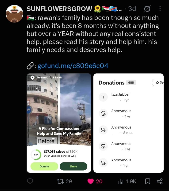 sistertonin's tweet photo. so many of the Palestinian appeals on https://t.co/Dqqn8XL9oc have gone 6 MONTHS to 2 YEARS without a single contribution given to them. and there's an entire list.

why when Palestinians NEED the funds to avoid eviction or starvation do you suddenly not have anything to give? https://t.co/hJUlS2IOAY