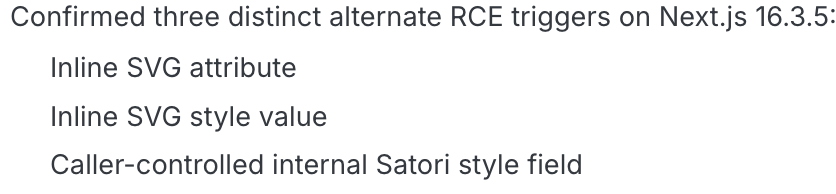 pruvadev's tweet photo. Which is the next repro? 

🚨 CVE-2026-94545: Next.js next/og RCE — reproduced end-to-end. Unauth request → command execution. Affects next 16.2.0–16.3.5 &amp; satori <0.33.5.

We stress-tested the fix: 3 alternate trigger paths worked on 16.3.5 https://t.co/TWVKfzv9eX