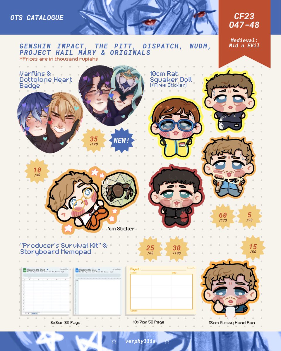verphyllys's tweet photo. verphyllis’ #Comipara7 #CF23 Pre-Order is here !

☆ fandoms:  akotsk, phm, the pitt, the band ghost, genshin, wudm, dispatch, f1, conclave, mp100, opm, originals

📅 23-26 Sept 2026 (VERY QUICK)
🛒 Pickup &amp; Mail Order
🔗 https://t.co/YswZh2e6J6

#cmpr7catalogue #cf23catalogue https://t.co/rbx82OKVsE