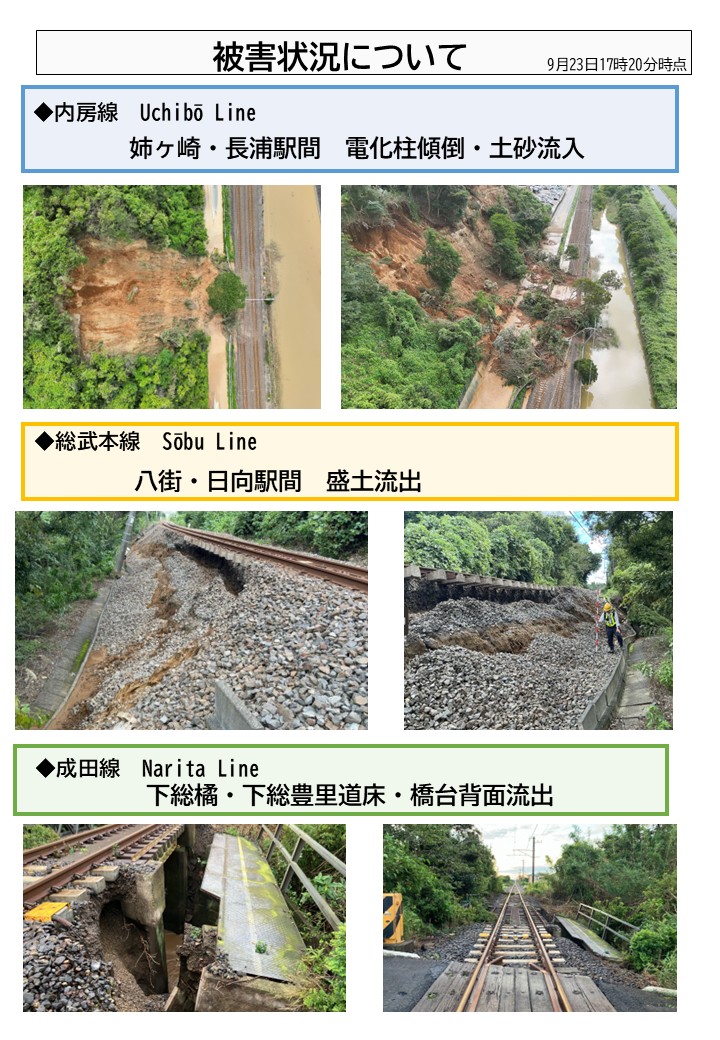 JRE_F_Sobu's tweet photo. 9/24（木）以降の運転計画をお知らせいたします。台風25号による設備被害が甚大なため、一部線区においては運転再開まで相当の時間を要する見込みです。詳細は添付をご覧ください。 ご利用のお客さまにはご迷惑をおかけし、誠に申し訳ございません。
※JR東日本運転情報 https://t.co/juyjeyvU1q
※JR東日本なるほどQ＆A https://t.co/OxmmBUXlnz

＃内房線　＃外房線　＃総武本線　＃成田線　＃久留里線　＃鹿島線　＃東金線　＃台風25号　＃運行情報　＃姉ヶ崎　＃長浦