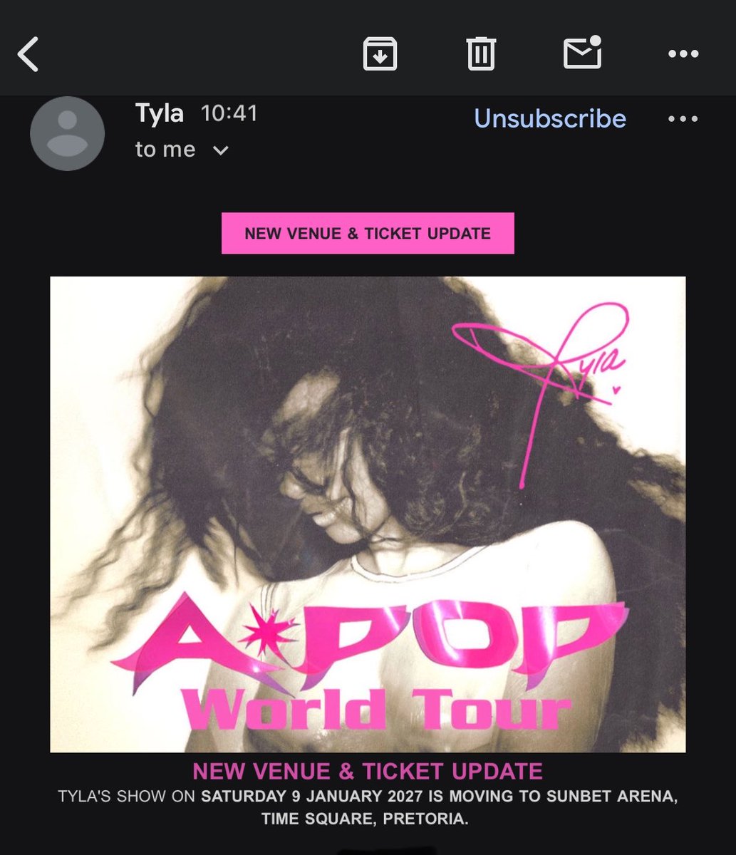 SophieDecault's tweet photo. 🚨 UPDATE FOR SOUTH AFRICAN TYGERS 🚨
If you bought tickets to Tyla’s Johannesburg concert, please take note: the venue has been moved from NASREC Expo Centre to SunBet Arena in Pretoria. NASREC Expo will no longer host the concert.
Tickets will be available through Ticketmaster https://t.co/weRsSLbmCx