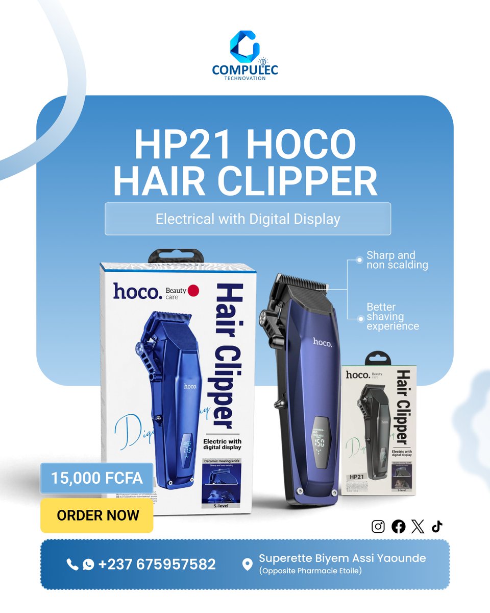 CompulecTech's tweet photo. Barber-level cut at home! ✂️

*Hoco HP21 Hair Clipper* - Sharp blades, long battery, low noise.

Stay fresh everyday. DM to order.

📍 COMPULEC - Biyemassi https://t.co/MMCAU3cGi6