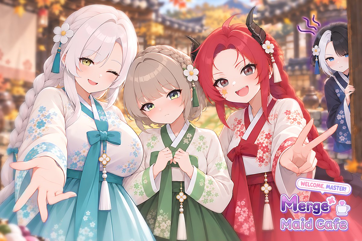 mergemaidcafe's tweet photo. 楽しいチュソクを! 祝日もメイドと一緒に!

......ところで、後ろに見慣れないメイドがいるような......?!

Happy Chuseok! Spend the holiday with the maids! 

......But, is that a maid we haven't seen before back there......?!

즐거운 추석! 명절에도 메이드와 함께!

......그런데, 뒤에 못 보던 메이드가 보이는 듯한데요......?!

#マージメイドカフェ #mergemaidcafe