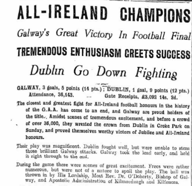 SportsHistory26's tweet photo. Sam Maguire goes West for the first time

The @officialgaa Jubilee Year All-Ireland Senior Football Championship Final between @Galway_GAA and @DubGAAOfficial took place at @CrokePark on this day in 1934 in front of a crowd of 36,143 spectators 

The Tribesmen ran out winners by two points on a full time score line of 3-05 to 1-09 for the Metropolitans. The @Galway_GAA goalscorers were Michael Ferriter with a brace and Martin Kelly 

The first @ConnachtGAA man to raise aloft the famed Sam Maguire Cup was Michael Higgins of the Killererin Club 

#SportingMemories #OTD #GAA #GaelicFootball #Galway