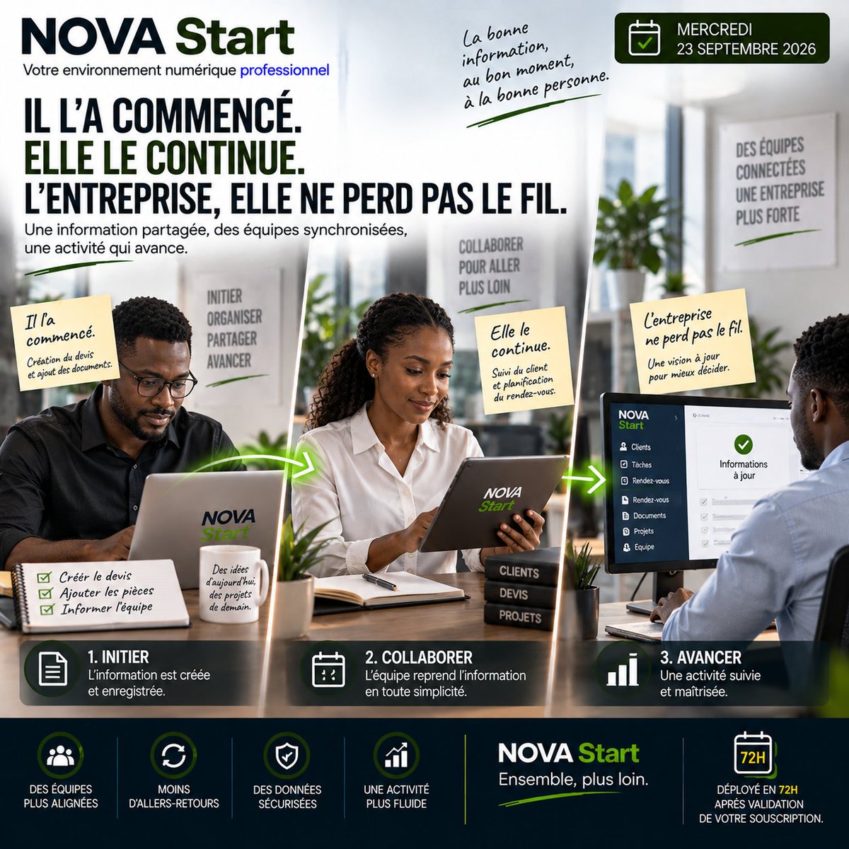 ematrix_nova's tweet photo. Il commence. Elle continue. L’entreprise ne perd pas le fil.
Avec NOVA Start, l’information reste partagée, accessible et exploitable par toute l’équipe.
Moins d’allers-retours. Plus de continuité. Une activité plus fluide.
#NOVAStart #PME #Collaboration https://t.co/1mcrbcCe6x